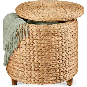 imageBest Choice Products 17quot Round Storage Ottoman WLid Handwoven Water Hyacinth Footstool Accent Side Table Storage Container Plant Stand  ChestnutNatural