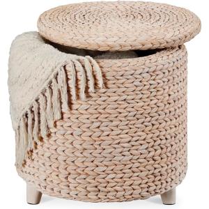 imageBest Choice Products 17quot Round Storage Ottoman WLid Handwoven Water Hyacinth Footstool Accent Side Table Storage Container Plant Stand  ChestnutTransparent White