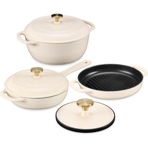 imageBest Choice Products 6Piece Enameled Cast Iron Cookware Set 6QT Dutch Oven WLid 2QT Skillet WLid Grill Pan ampamp Grill Press NonStick Heavy Duty  SageVanilla