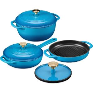 imageBest Choice Products 6Piece Enameled Cast Iron Cookware Set 6QT Dutch Oven WLid 2QT Skillet WLid Grill Pan ampamp Grill Press NonStick Heavy Duty  SageBlue