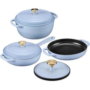 imageBest Choice Products 6Piece Enameled Cast Iron Cookware Set 6QT Dutch Oven WLid 2QT Skillet WLid Grill Pan ampamp Grill Press NonStick Heavy Duty  SageCornflower