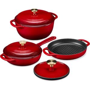 imageBest Choice Products 6Piece Enameled Cast Iron Cookware Set 6QT Dutch Oven WLid 2QT Skillet WLid Grill Pan ampamp Grill Press NonStick Heavy Duty  SageRed