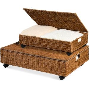imageBest Choice Products Under Bed Storage Containers WLid Wheels and Handles 2Pack Large Handwoven Water Hyacinth Closet Organizer Shoe Storage Bins MultiPurpose Nesting Baskets  NaturalChestnut