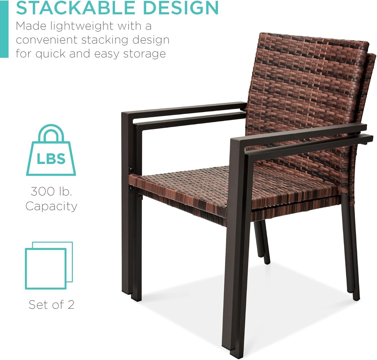 imageBest Choice Products Set of 2 Stackable Outdoor Wicker Dining Chairs AllWeather Firepit Armchair wArmrests Steel Frame for Patio Deck Garden Yard  BrownLight Brown