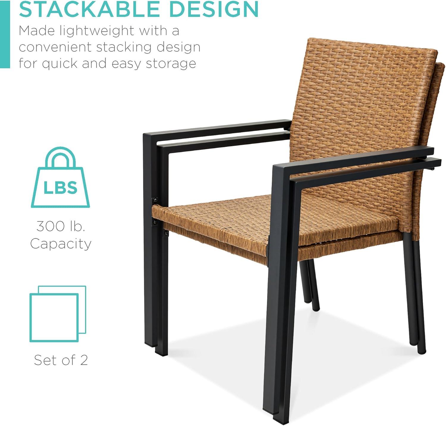 imageBest Choice Products Set of 2 Stackable Outdoor Wicker Dining Chairs AllWeather Firepit Armchair wArmrests Steel Frame for Patio Deck Garden Yard  BrownNatural