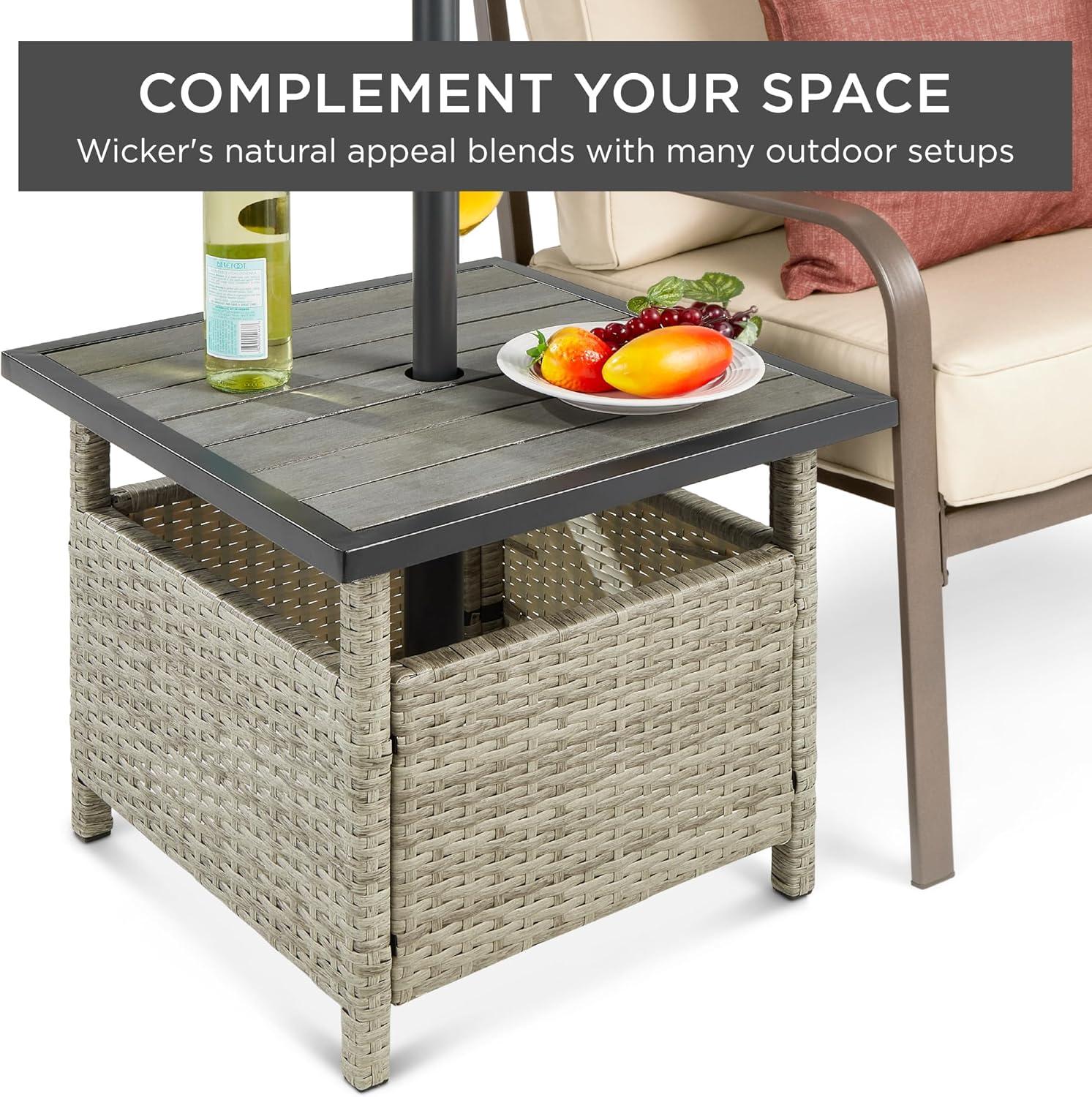 imageBest Choice Products Wicker Side Table with Umbrella Hole Square PE Rattan Outdoor End Table for Patio Garden Poolside Deck wUVResistant Frame Storage Space  BrownGrey