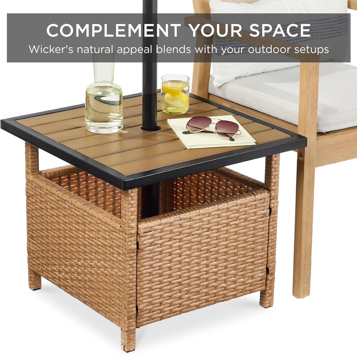 imageBest Choice Products Wicker Side Table with Umbrella Hole Square PE Rattan Outdoor End Table for Patio Garden Poolside Deck wUVResistant Frame Storage Space  BrownNatural
