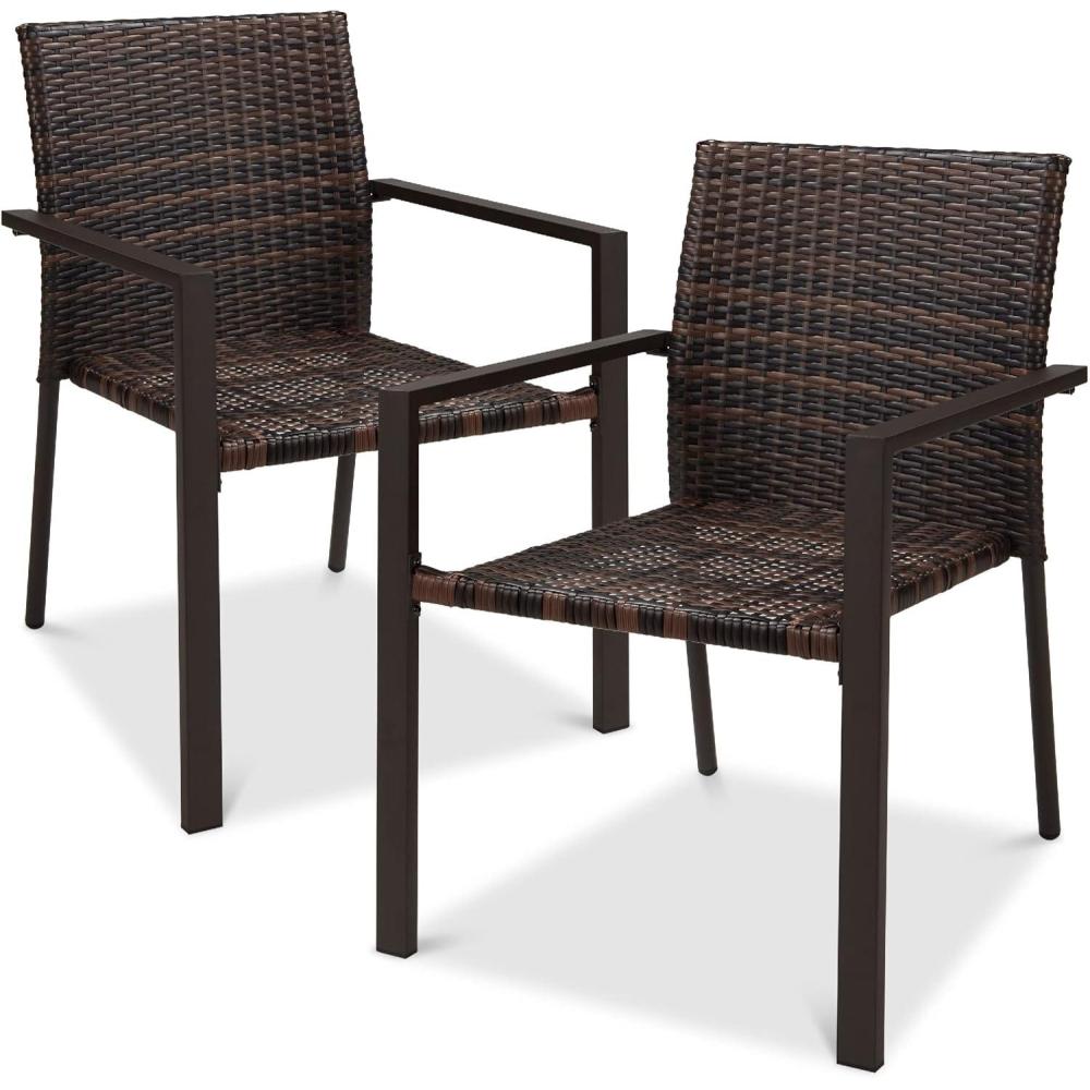 imageBest Choice Products Set of 2 Stackable Outdoor Wicker Dining Chairs AllWeather Firepit Armchair wArmrests Steel Frame for Patio Deck Garden Yard  BrownBrown