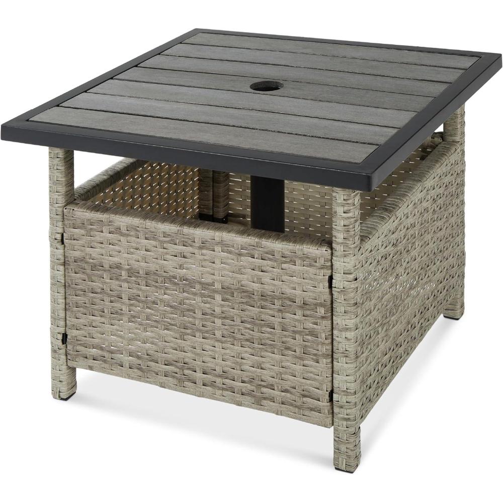 imageBest Choice Products Wicker Side Table with Umbrella Hole Square PE Rattan Outdoor End Table for Patio Garden Poolside Deck wUVResistant Frame Storage Space  BrownGrey