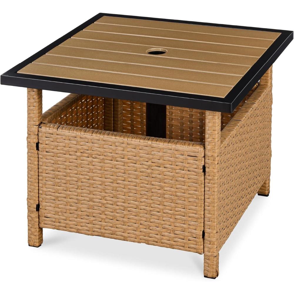 imageBest Choice Products Wicker Side Table with Umbrella Hole Square PE Rattan Outdoor End Table for Patio Garden Poolside Deck wUVResistant Frame Storage Space  BrownNatural