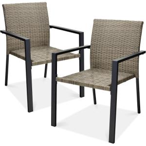 imageBest Choice Products Set of 2 Stackable Outdoor Wicker Dining Chairs AllWeather Firepit Armchair wArmrests Steel Frame for Patio Deck Garden Yard  BrownTaupe
