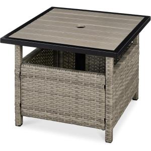 imageBest Choice Products Wicker Side Table with Umbrella Hole Square PE Rattan Outdoor End Table for Patio Garden Poolside Deck wUVResistant Frame Storage Space  BrownTaupe