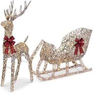 imageBest Choice Products XL Lighted Christmas 5ft Reindeer ampamp Sleigh Holiday Outdoor Yard Decoration Set w 265 LED Lights Stakes Zip Ties  GoldRattan  Large