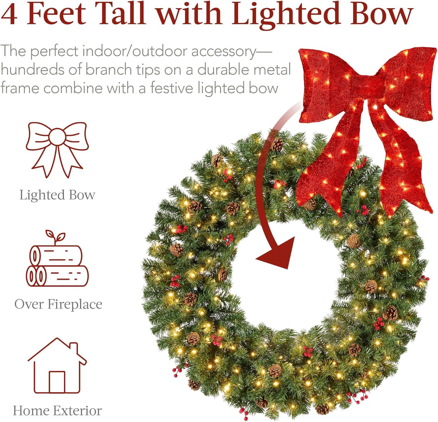 imageBest Choice Products 36in PreLit Christmas Wreath wBerries ampamp Pinecones Large Artificial IndoorOutdoor Decor for Door Mantel wRed Bow PluginGreen Spruce  Decorated