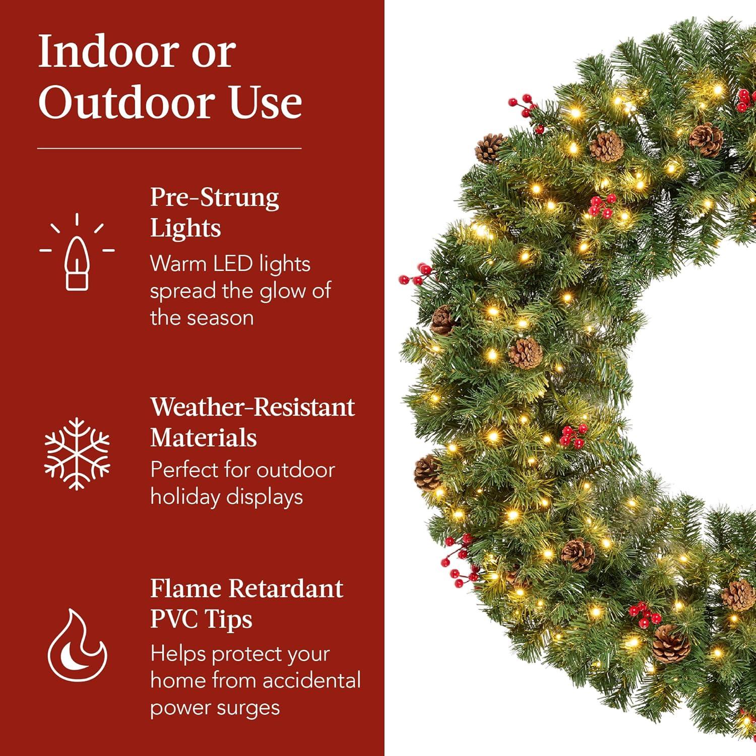 imageBest Choice Products 36in PreLit Christmas Wreath wBerries ampamp Pinecones Large Artificial IndoorOutdoor Decor for Door Mantel wRed Bow PluginGreen Spruce  Decorated