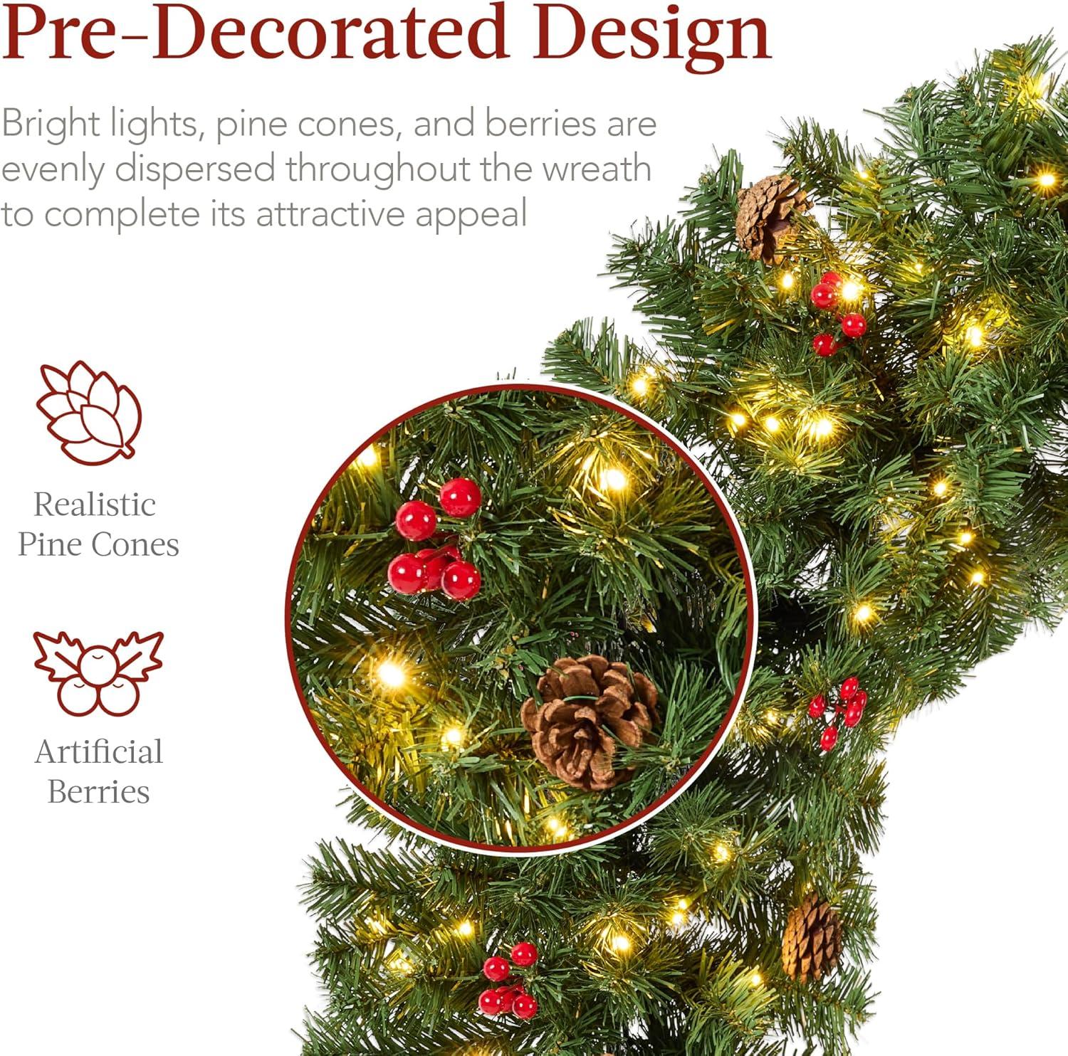 imageBest Choice Products 36in PreLit Christmas Wreath wBerries ampamp Pinecones Large Artificial IndoorOutdoor Decor for Door Mantel wRed Bow PluginGreen Spruce  Decorated