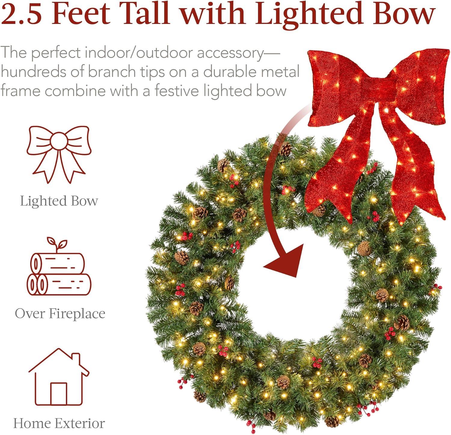 imageBest Choice Products 36in PreLit Christmas Wreath wBerries ampamp Pinecones Large Artificial IndoorOutdoor Decor for Door Mantel wRed Bow PluginGreen Spruce  Decorated