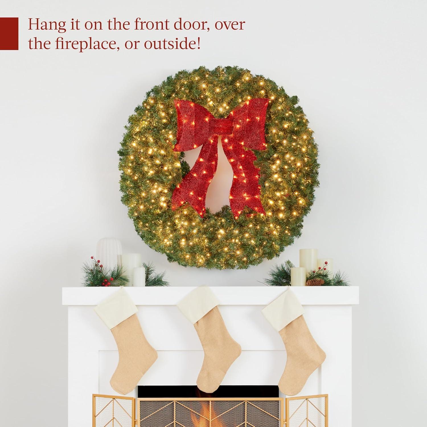 imageBest Choice Products 36in PreLit Christmas Wreath wBerries ampamp Pinecones Large Artificial IndoorOutdoor Decor for Door Mantel wRed Bow PluginGreen Spruce