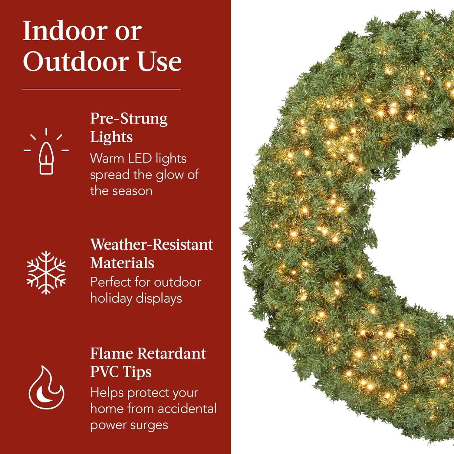 imageBest Choice Products 36in PreLit Christmas Wreath wBerries ampamp Pinecones Large Artificial IndoorOutdoor Decor for Door Mantel wRed Bow PluginGreen Spruce