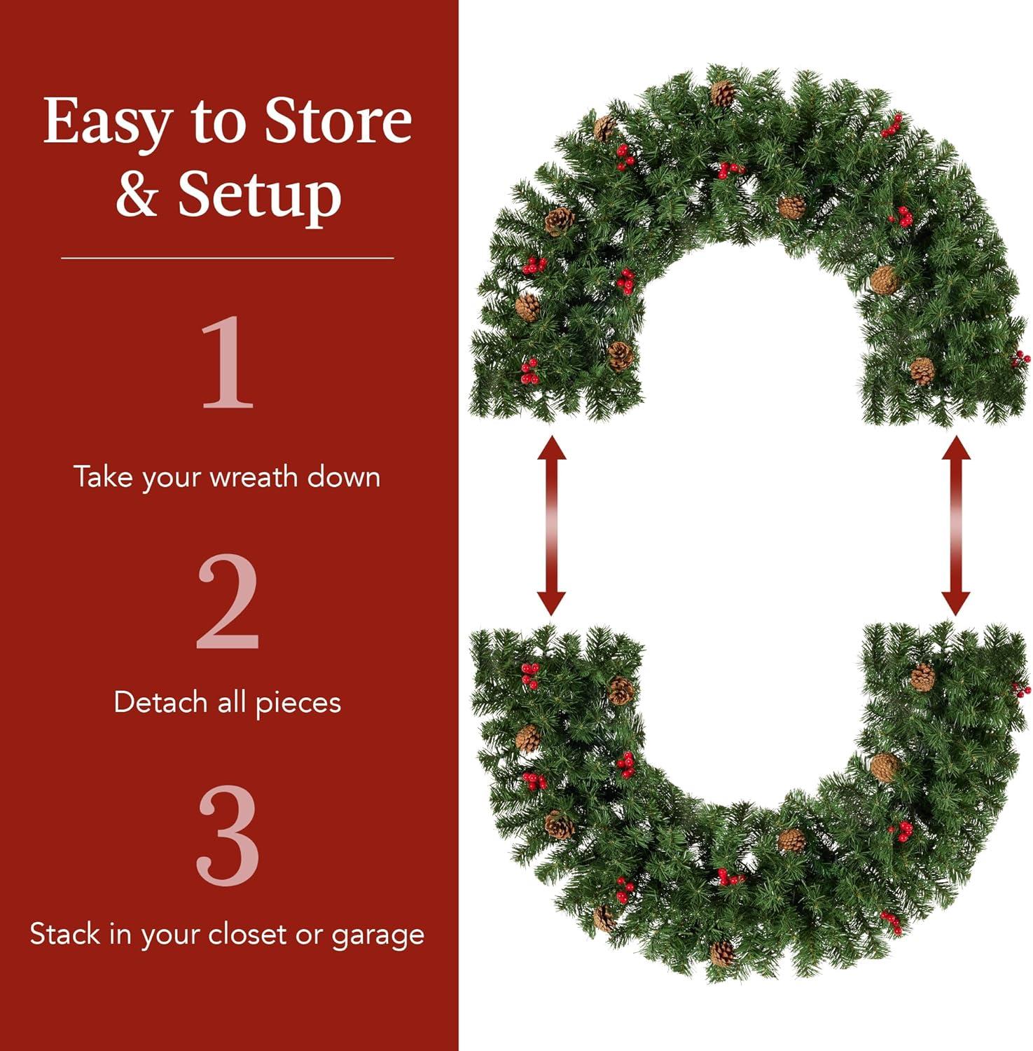 imageBest Choice Products 36in PreLit Christmas Wreath wBerries ampamp Pinecones Large Artificial IndoorOutdoor Decor for Door Mantel wRed Bow PluginGreen Spruce  Decorated