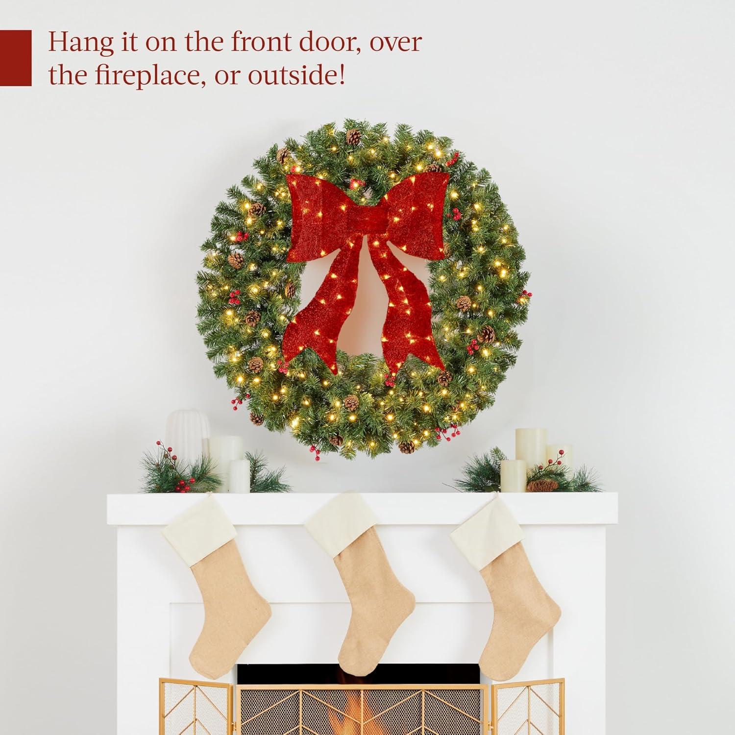 imageBest Choice Products 36in PreLit Christmas Wreath wBerries ampamp Pinecones Large Artificial IndoorOutdoor Decor for Door Mantel wRed Bow PluginGreen Spruce  Decorated