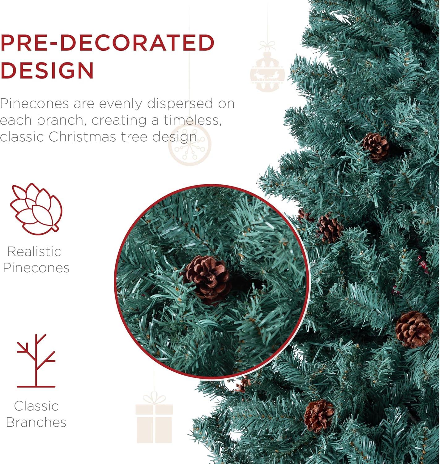 imageBest Choice Products 6ft PreDecorated Holiday Christmas Tree for Home Office Party Decoration w1000 Tips Pinecones Metal Base  Blue SpruceBlue Spruce