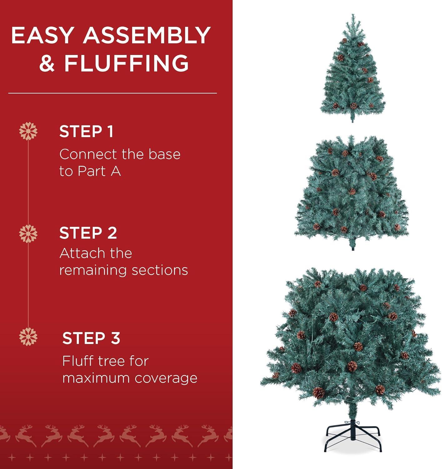 imageBest Choice Products 6ft PreDecorated Holiday Christmas Tree for Home Office Party Decoration w1000 Tips Pinecones Metal Base  Blue SpruceBlue Spruce