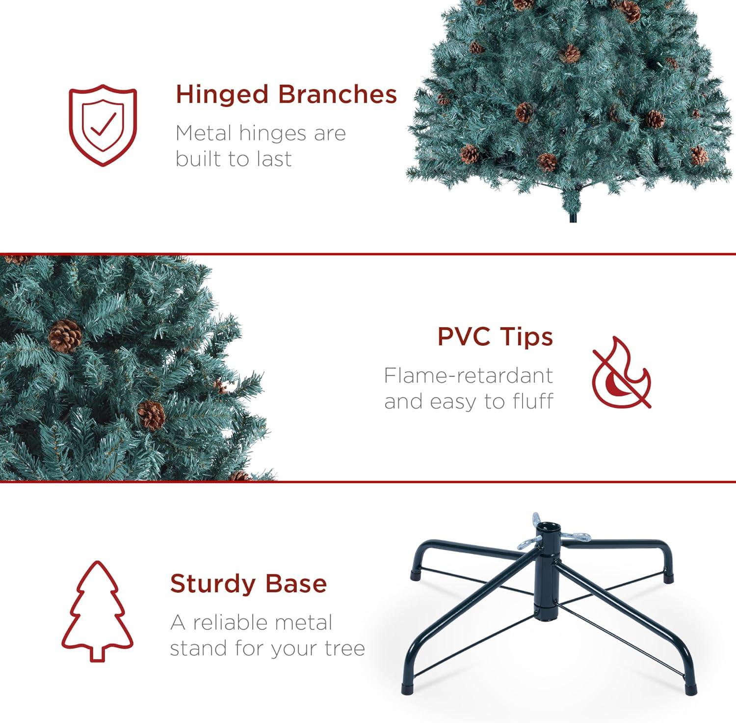 imageBest Choice Products 6ft PreDecorated Holiday Christmas Tree for Home Office Party Decoration w1000 Tips Pinecones Metal Base  Blue SpruceBlue Spruce