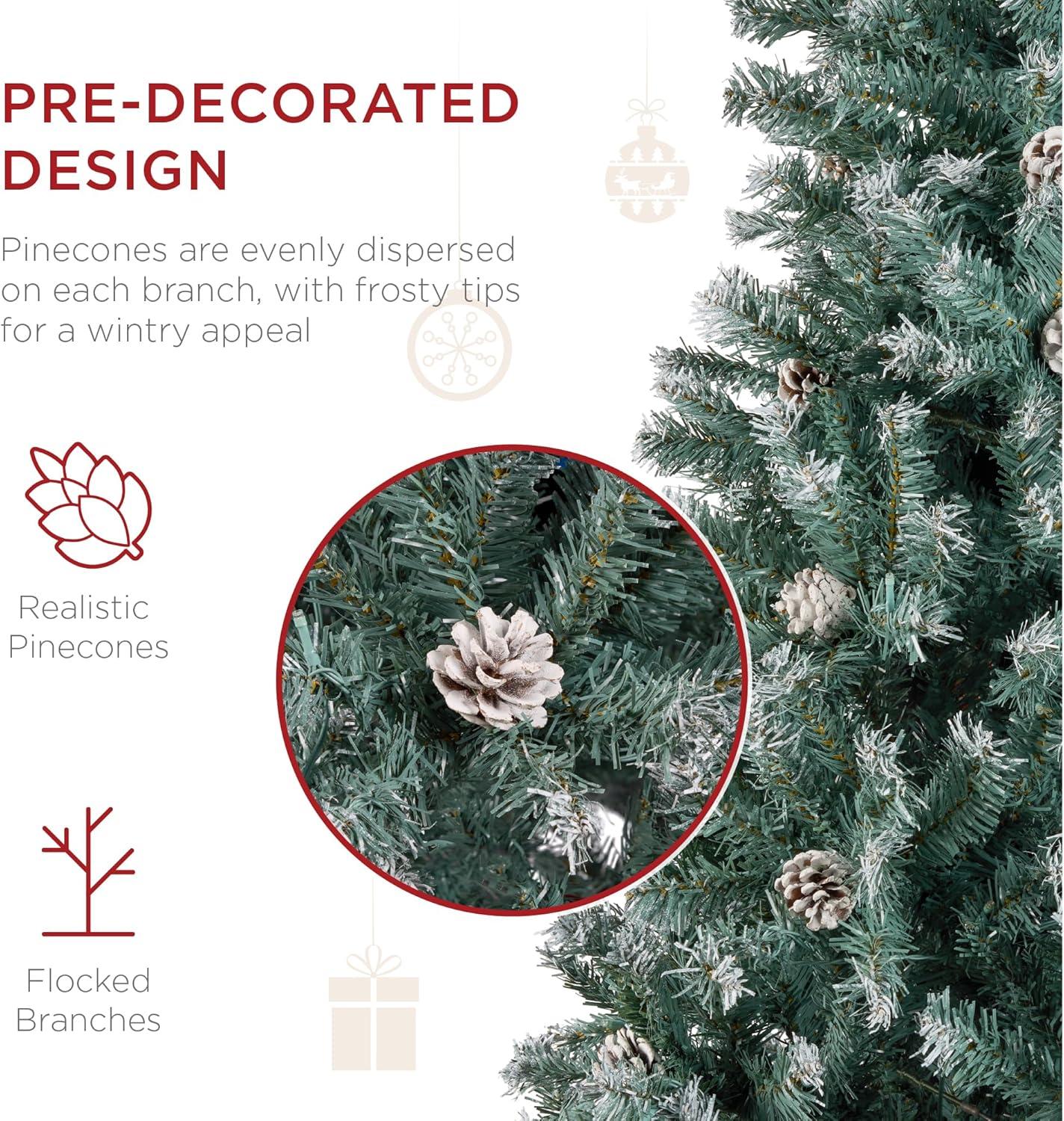 imageBest Choice Products 6ft PreDecorated Holiday Christmas Tree for Home Office Party Decoration w1000 Tips Pinecones Metal Base  Blue SpruceFlocked Blue Spruce
