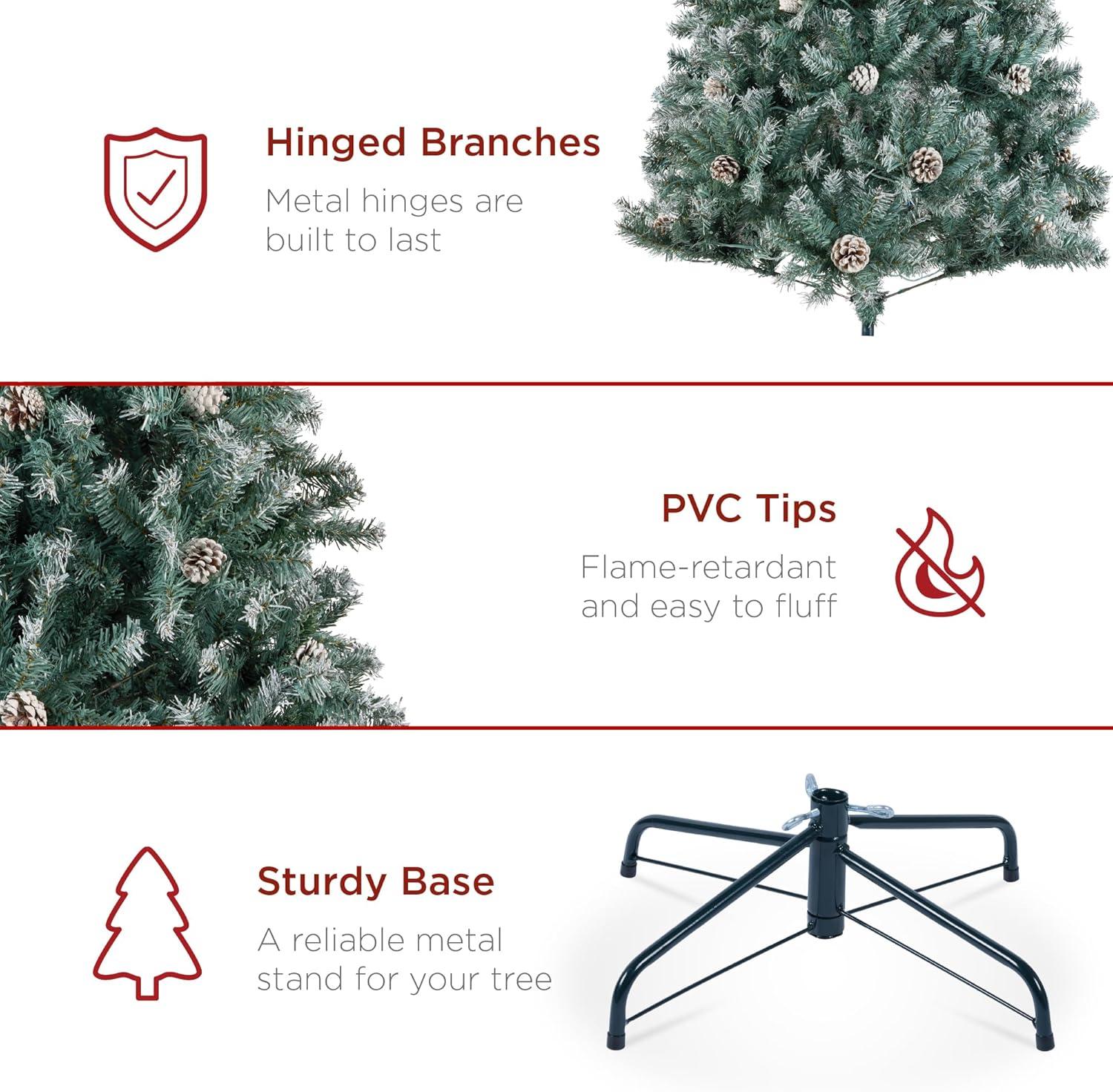 imageBest Choice Products 6ft PreDecorated Holiday Christmas Tree for Home Office Party Decoration w1000 Tips Pinecones Metal Base  Blue SpruceFlocked Blue Spruce