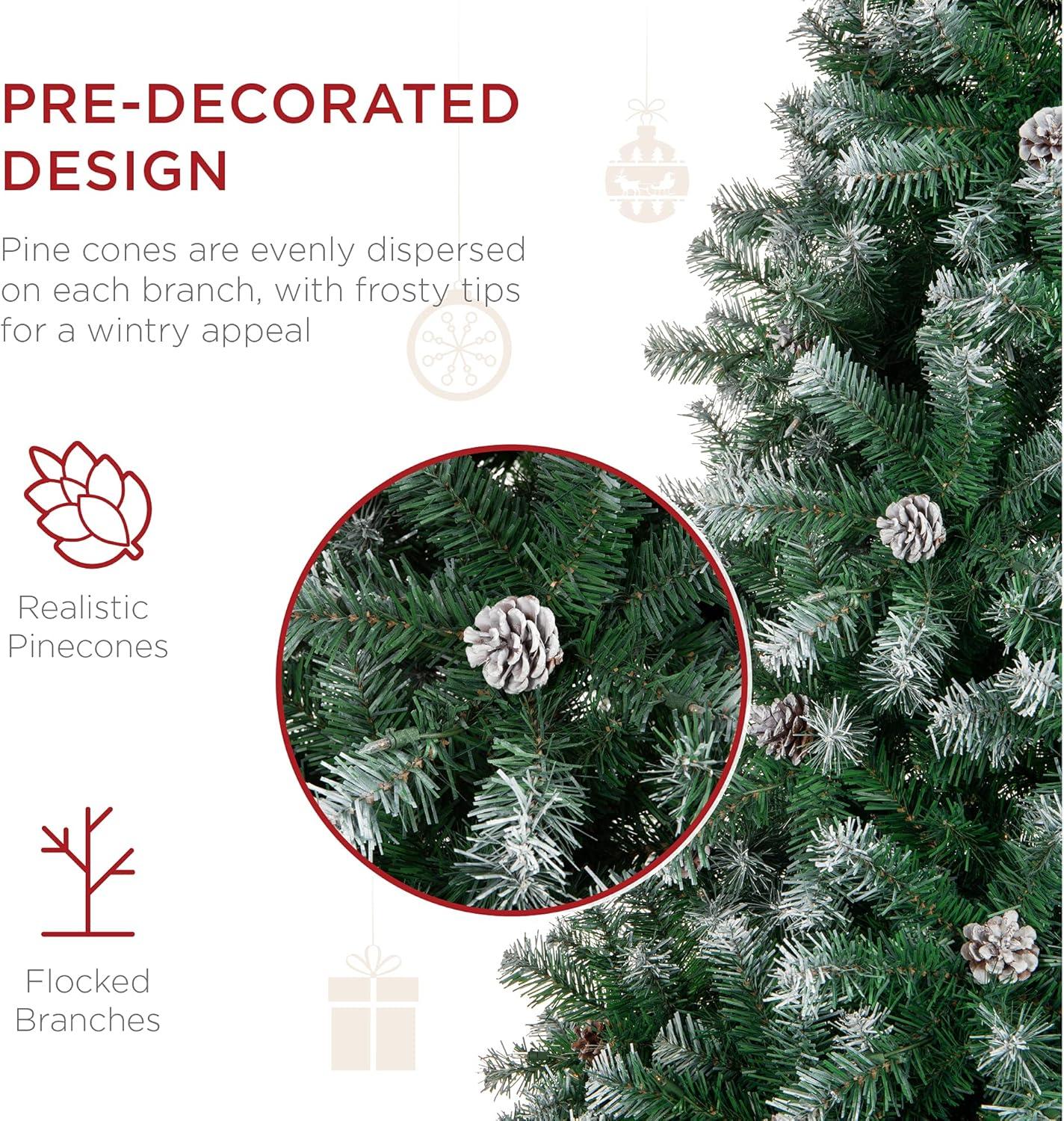 imageBest Choice Products 6ft PreDecorated Holiday Christmas Tree for Home Office Party Decoration w1000 Tips Pinecones Metal Base  Blue SpruceFlocked Green
