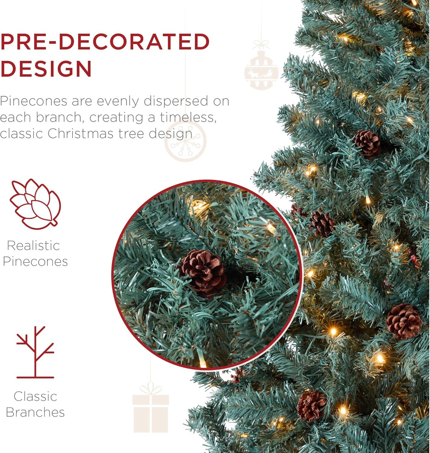 imageBest Choice Products 6ft PreLit PreDecorated Pine Artificial Christmas Tree w 1000 Flocked Frosted Tips 59 Pinecones 250 Lights Base  Blue SpruceBlue Spruce