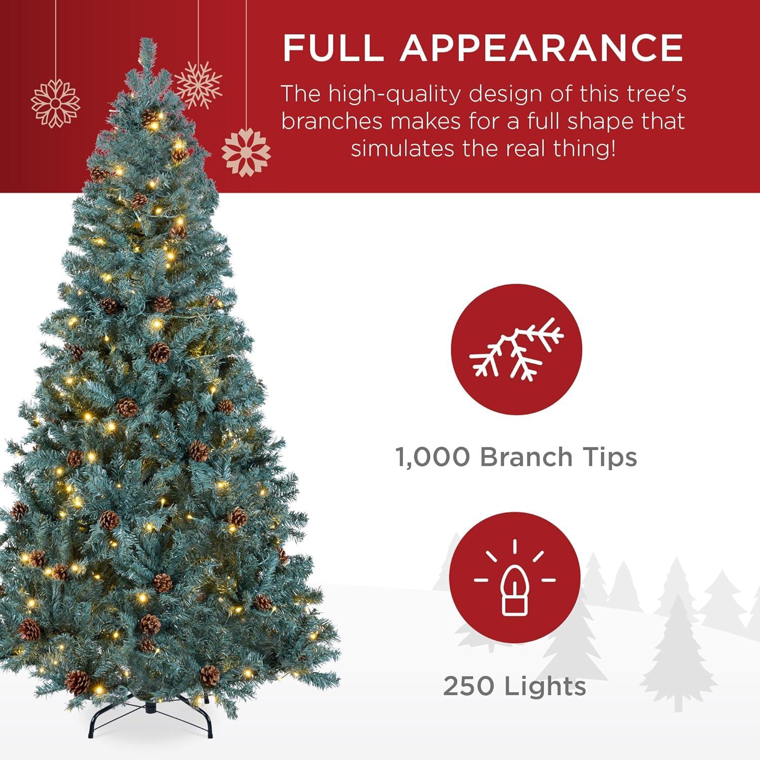 imageBest Choice Products 6ft PreLit PreDecorated Pine Artificial Christmas Tree w 1000 Flocked Frosted Tips 59 Pinecones 250 Lights Base  Blue SpruceBlue Spruce