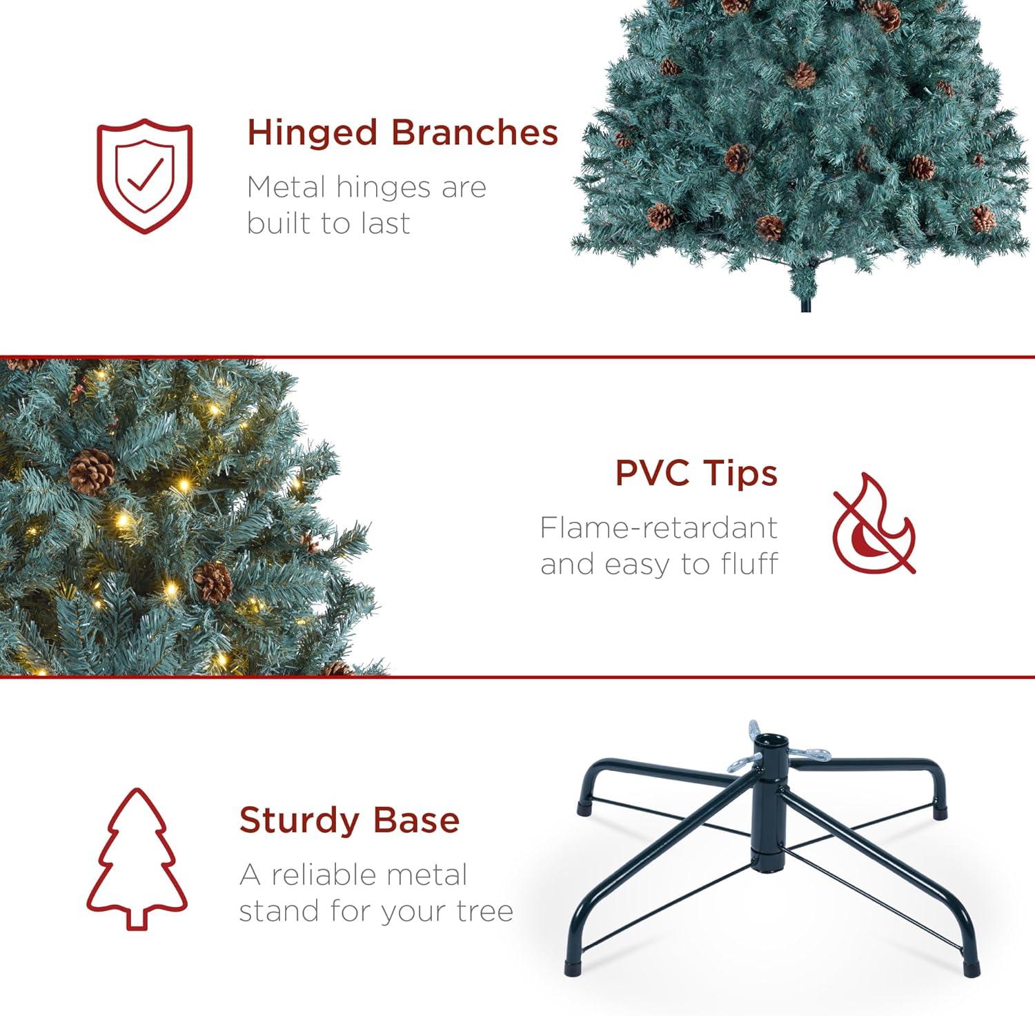 imageBest Choice Products 6ft PreLit PreDecorated Pine Artificial Christmas Tree w 1000 Flocked Frosted Tips 59 Pinecones 250 Lights Base  Blue SpruceBlue Spruce