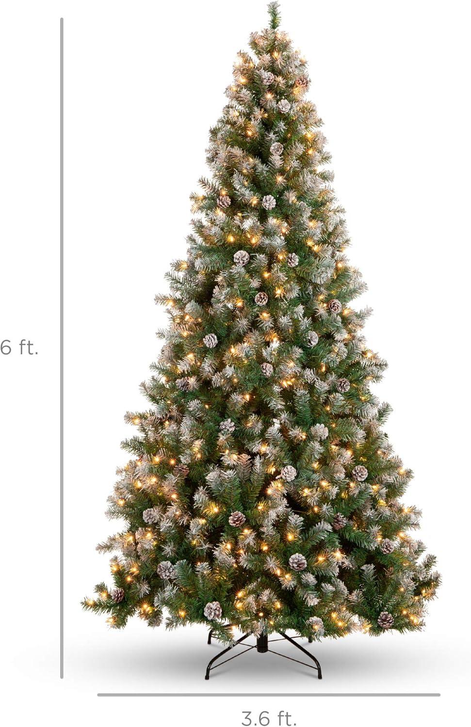 imageBest Choice Products 6ft PreLit PreDecorated Pine Artificial Christmas Tree w 1000 Flocked Frosted Tips 59 Pinecones 250 Lights Base  Blue SpruceFlocked Green