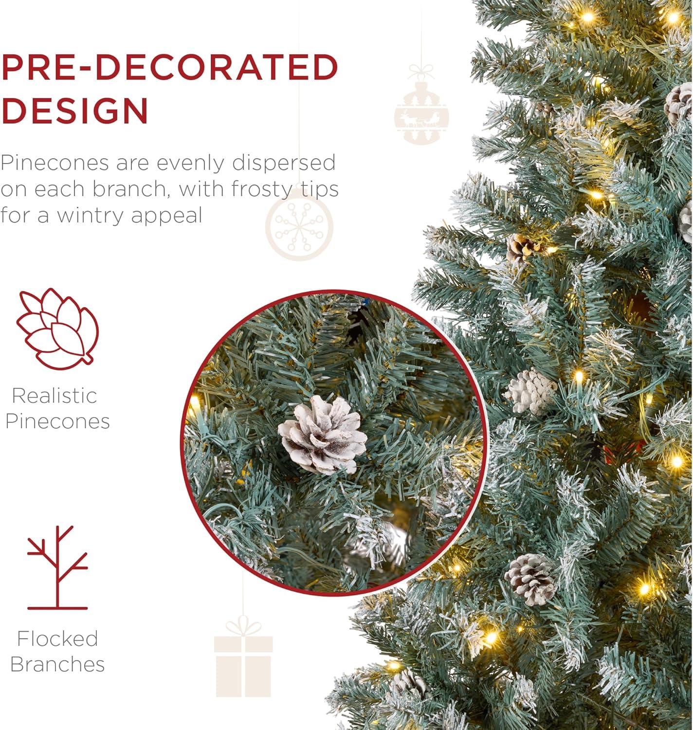imageBest Choice Products 6ft PreLit PreDecorated Pine Artificial Christmas Tree w 1000 Flocked Frosted Tips 59 Pinecones 250 Lights Base  Blue SpruceFlocked Blue Spruce
