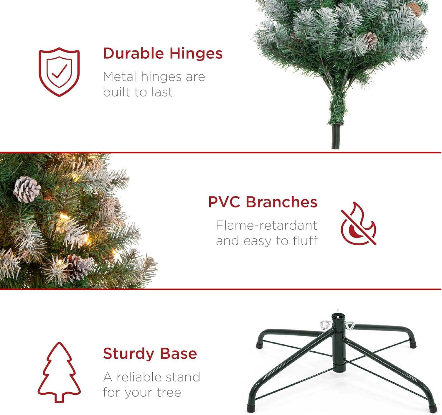 imageBest Choice Products 6ft PreLit PreDecorated Pine Artificial Christmas Tree w 1000 Flocked Frosted Tips 59 Pinecones 250 Lights Base  Blue SpruceFlocked Green