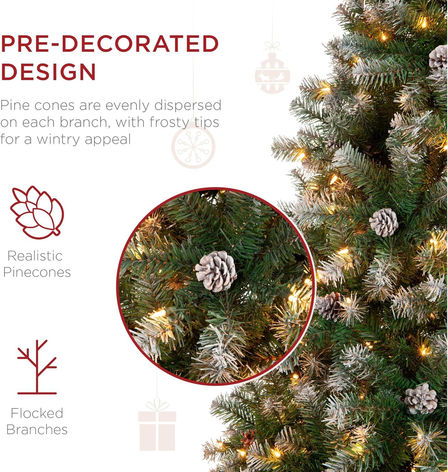 imageBest Choice Products 6ft PreLit PreDecorated Pine Artificial Christmas Tree w 1000 Flocked Frosted Tips 59 Pinecones 250 Lights Base  Blue SpruceFlocked Green