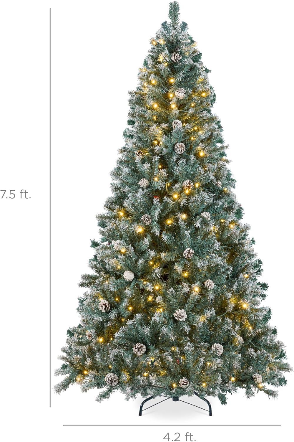 imageBest Choice Products 6ft PreLit PreDecorated Pine Artificial Christmas Tree w 1000 Flocked Frosted Tips 59 Pinecones 250 Lights Base  Blue SpruceFlocked Blue Spruce