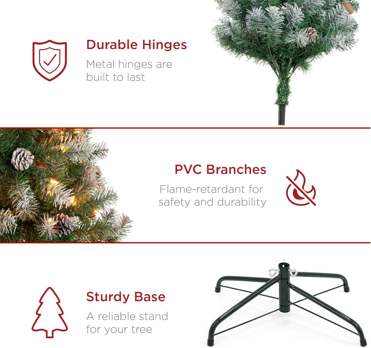 imageBest Choice Products 6ft PreLit PreDecorated Pine Artificial Christmas Tree w 1000 Flocked Frosted Tips 59 Pinecones 250 Lights Base  Blue SpruceFlocked Green