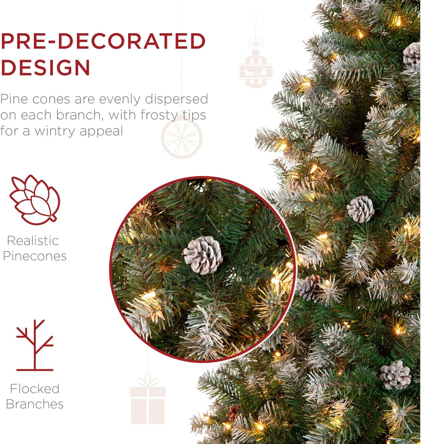 imageBest Choice Products 6ft PreLit PreDecorated Pine Artificial Christmas Tree w 1000 Flocked Frosted Tips 59 Pinecones 250 Lights Base  Blue SpruceFlocked Green