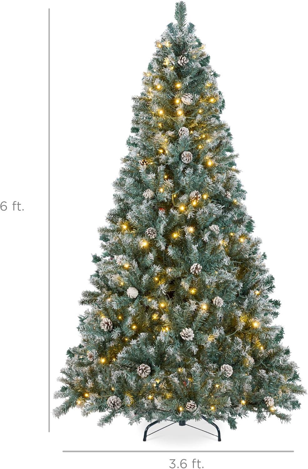 imageBest Choice Products 6ft PreLit PreDecorated Pine Artificial Christmas Tree w 1000 Flocked Frosted Tips 59 Pinecones 250 Lights Base  Blue SpruceFlocked Blue Spruce