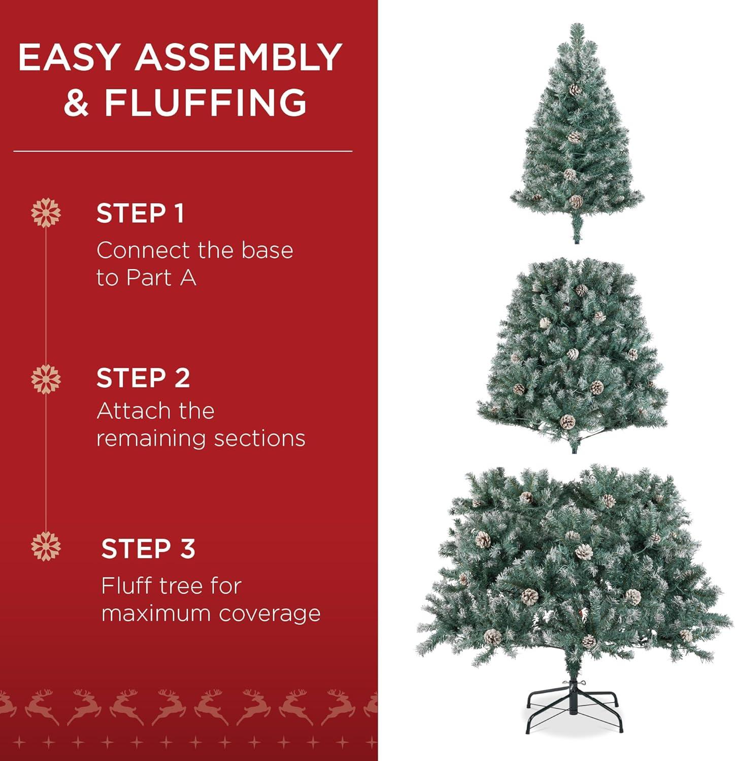imageBest Choice Products 6ft PreLit PreDecorated Pine Artificial Christmas Tree w 1000 Flocked Frosted Tips 59 Pinecones 250 Lights Base  Blue SpruceFlocked Blue Spruce