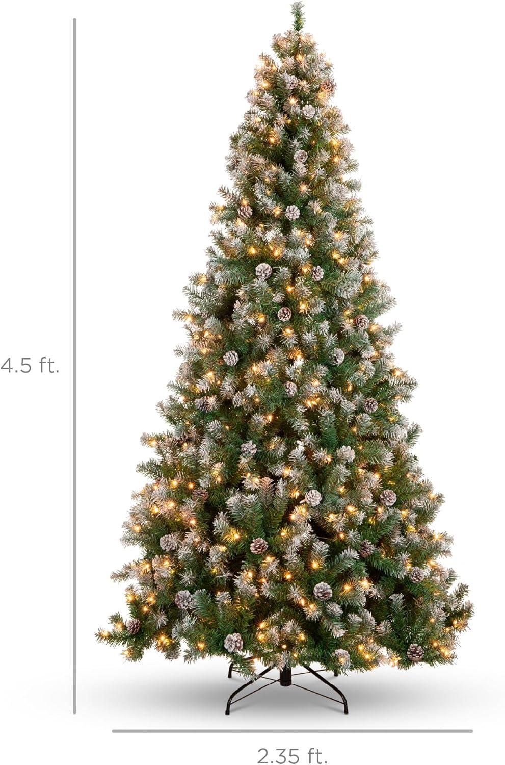 imageBest Choice Products 6ft PreLit PreDecorated Pine Artificial Christmas Tree w 1000 Flocked Frosted Tips 59 Pinecones 250 Lights Base  Blue SpruceFlocked Green