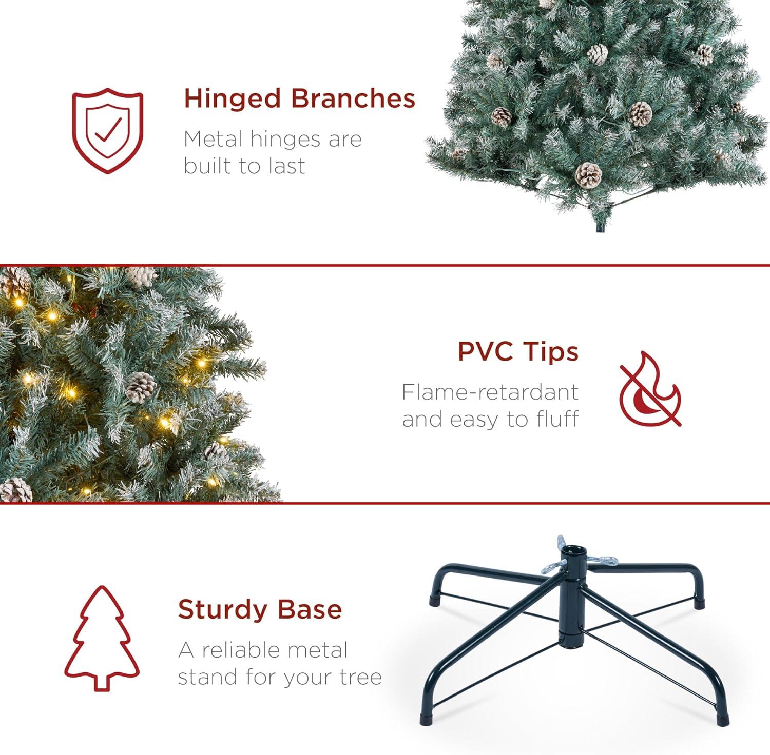 imageBest Choice Products 6ft PreLit PreDecorated Pine Artificial Christmas Tree w 1000 Flocked Frosted Tips 59 Pinecones 250 Lights Base  Blue SpruceFlocked Blue Spruce