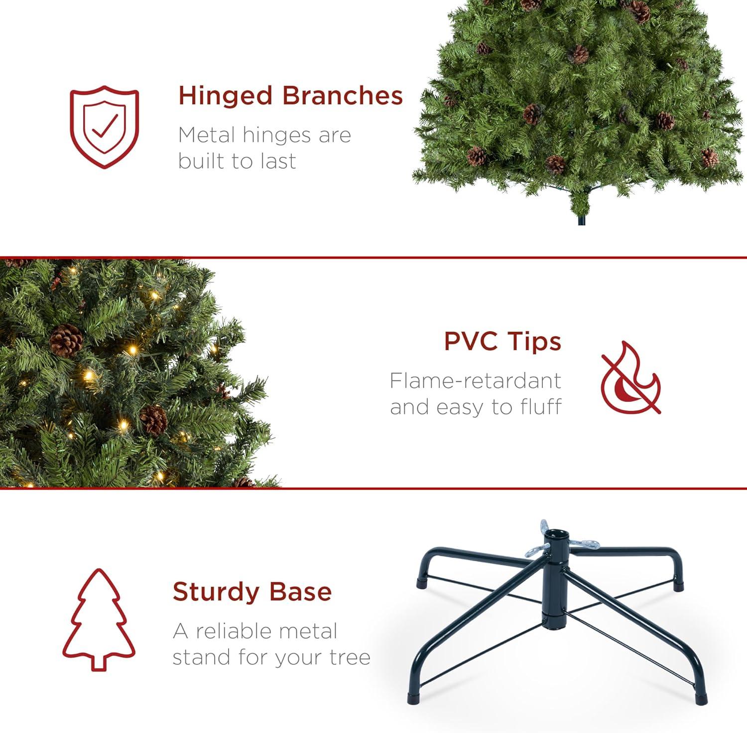 imageBest Choice Products 6ft PreLit PreDecorated Pine Artificial Christmas Tree w 1000 Flocked Frosted Tips 59 Pinecones 250 Lights Base  Blue SpruceGreen