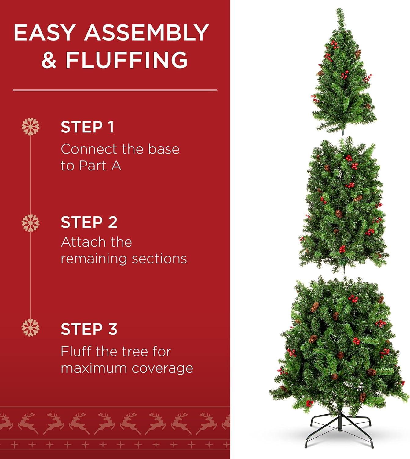 imageBest Choice Products 6ft PreLit Spruce Pencil Christmas Tree PreDecorated for Home Office Party Holiday Decoration w 618 Tips 250 Lights Pine Cones Metal Hinges ampamp Base  Green6ft