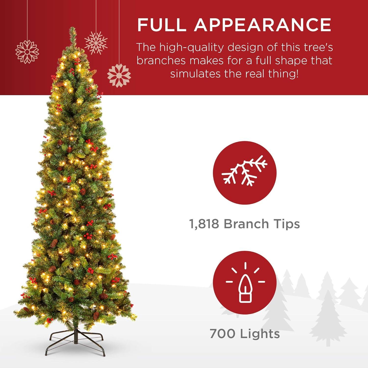 imageBest Choice Products 6ft PreLit Spruce Pencil Christmas Tree PreDecorated for Home Office Party Holiday Decoration w 618 Tips 250 Lights Pine Cones Metal Hinges ampamp Base  Green12ft