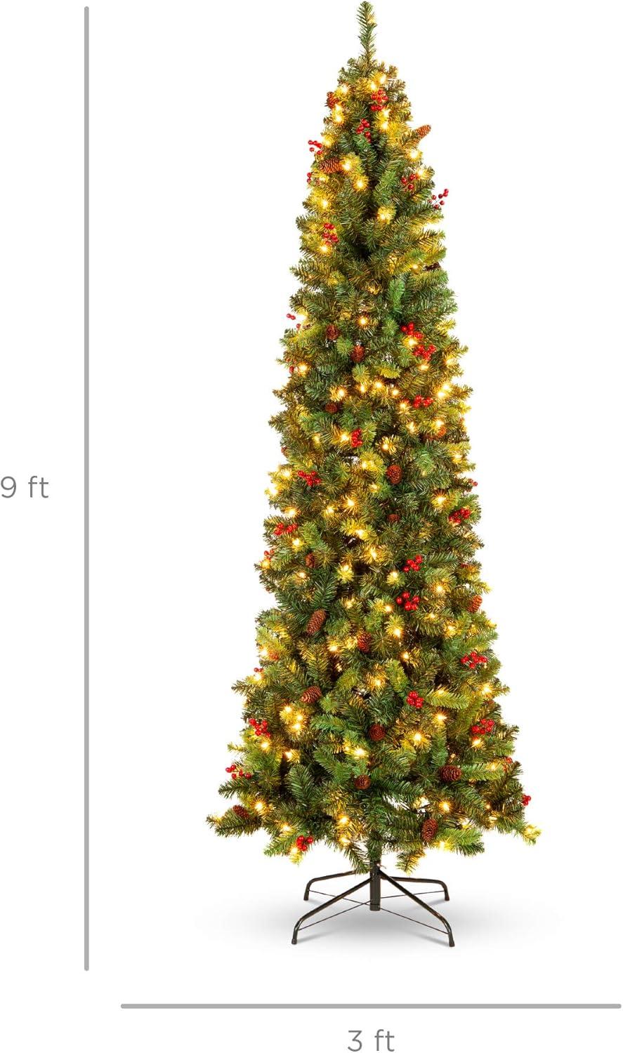 imageBest Choice Products 6ft PreLit Spruce Pencil Christmas Tree PreDecorated for Home Office Party Holiday Decoration w 618 Tips 250 Lights Pine Cones Metal Hinges ampamp Base  Green9ft