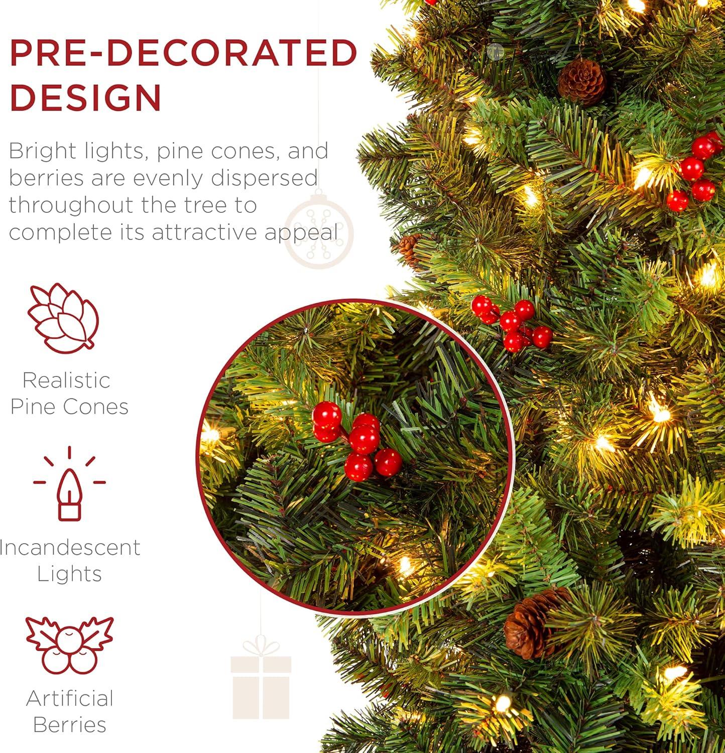 imageBest Choice Products 6ft PreLit Spruce Pencil Christmas Tree PreDecorated for Home Office Party Holiday Decoration w 618 Tips 250 Lights Pine Cones Metal Hinges ampamp Base  Green12ft